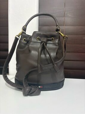 Tommy Hilfiger Dark Brown Leather Drawstring Bucket Bag